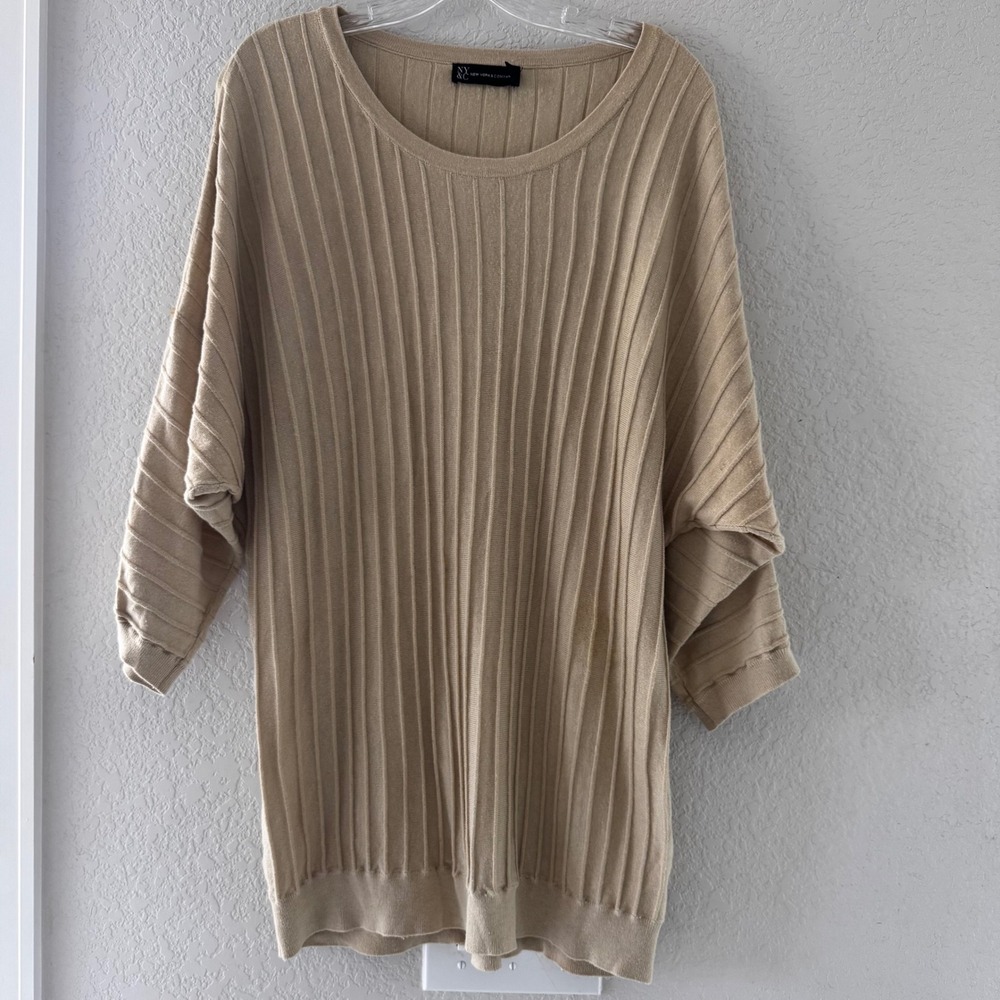New York & Company Tan Ribbed Dolman Sleeve Knit Top Beige Large CN100014